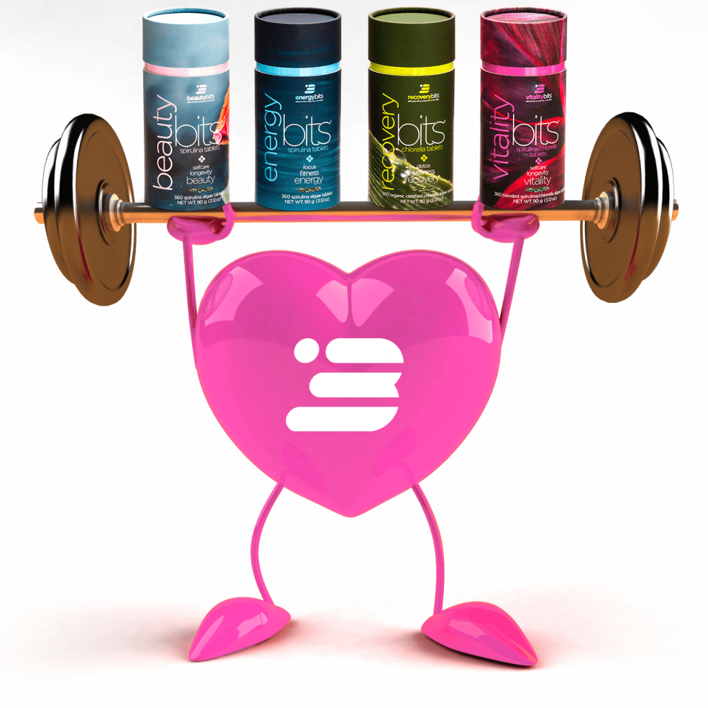 cartoon heart holding up weight dumbbell bar and ENERGYbits canisters 
